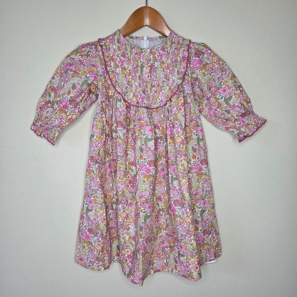 AS Collection Girls Floral Cotton Pintuck Dress Pink Yellow Size 6 NWT